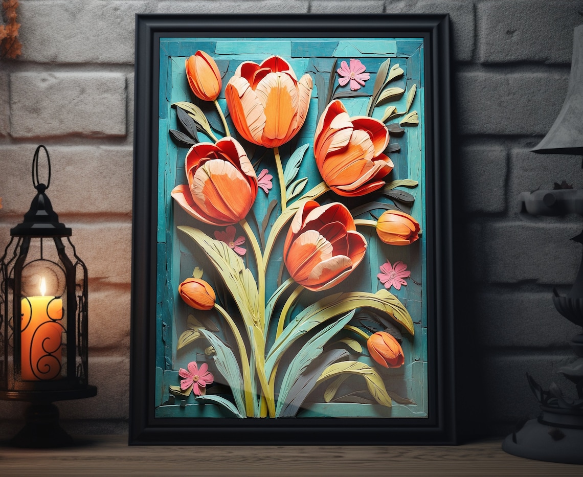 Orange Tulip Sculpted 3D Flowers Teal Spring Botanical Art Poster