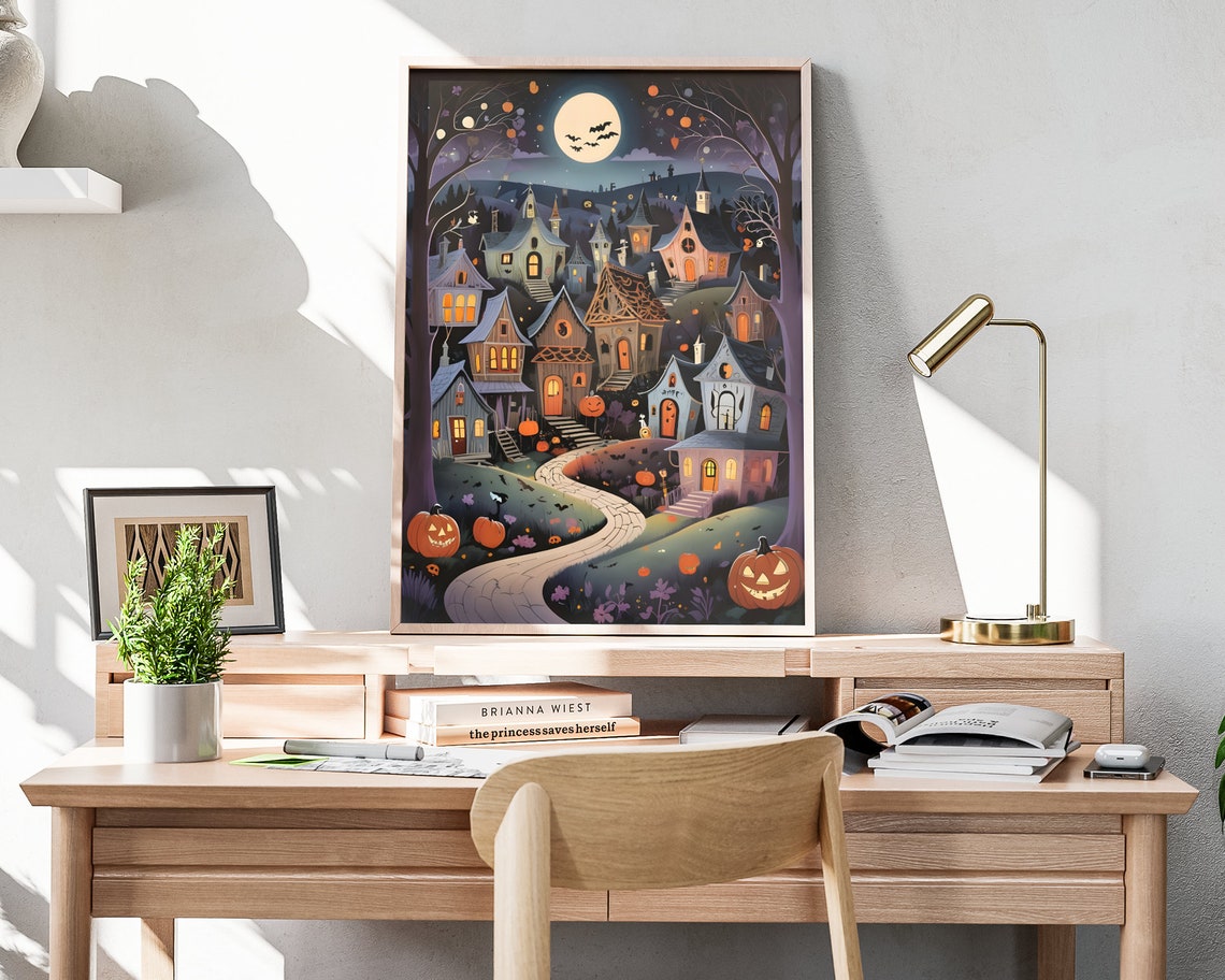 Whimsical Halloween Town With Crooked Houses Moonlight Art Poster - Image 4