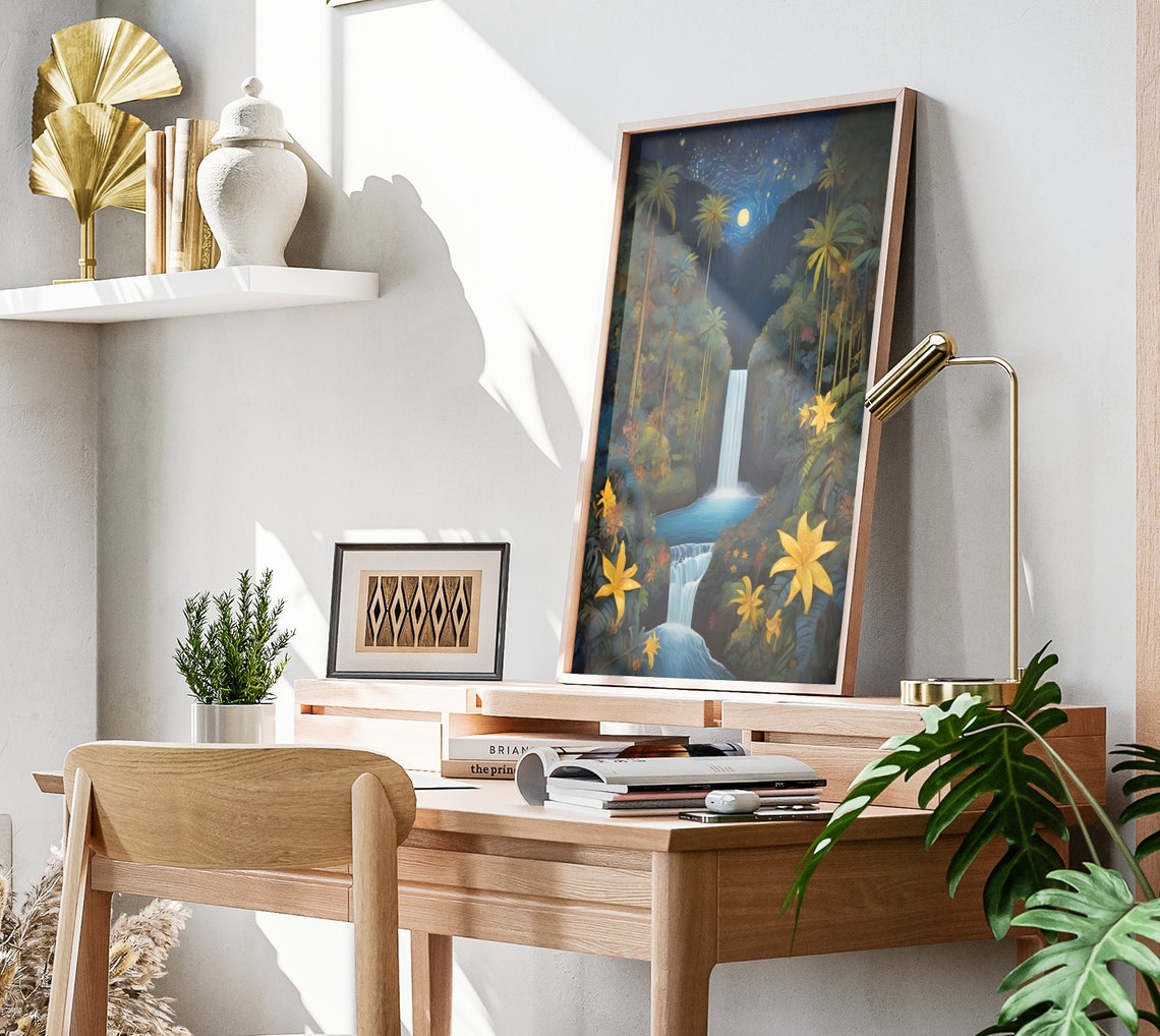 Hawaii Starry Night Waterfall Tropical Jungle Moon Glow Poster - Image 2