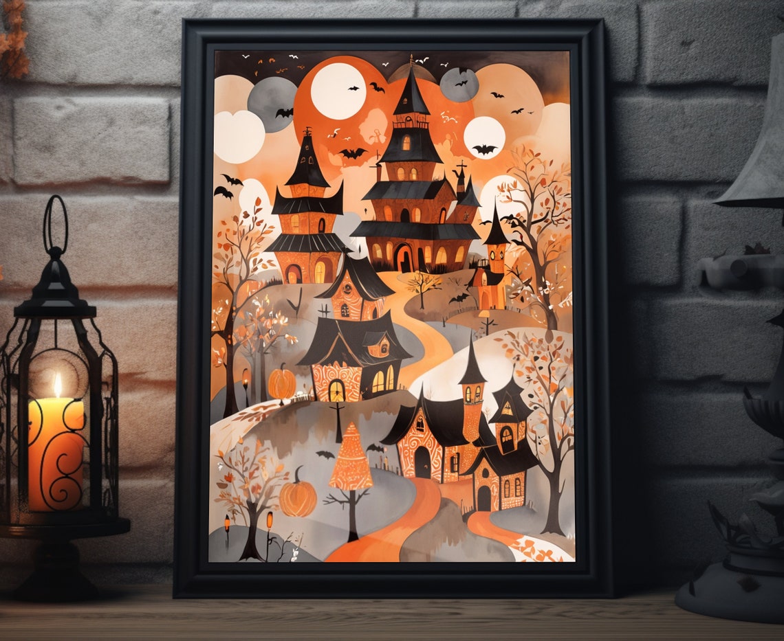 Abstract Halloween Town Crooked Houses Glowing Moons Bats Poster
