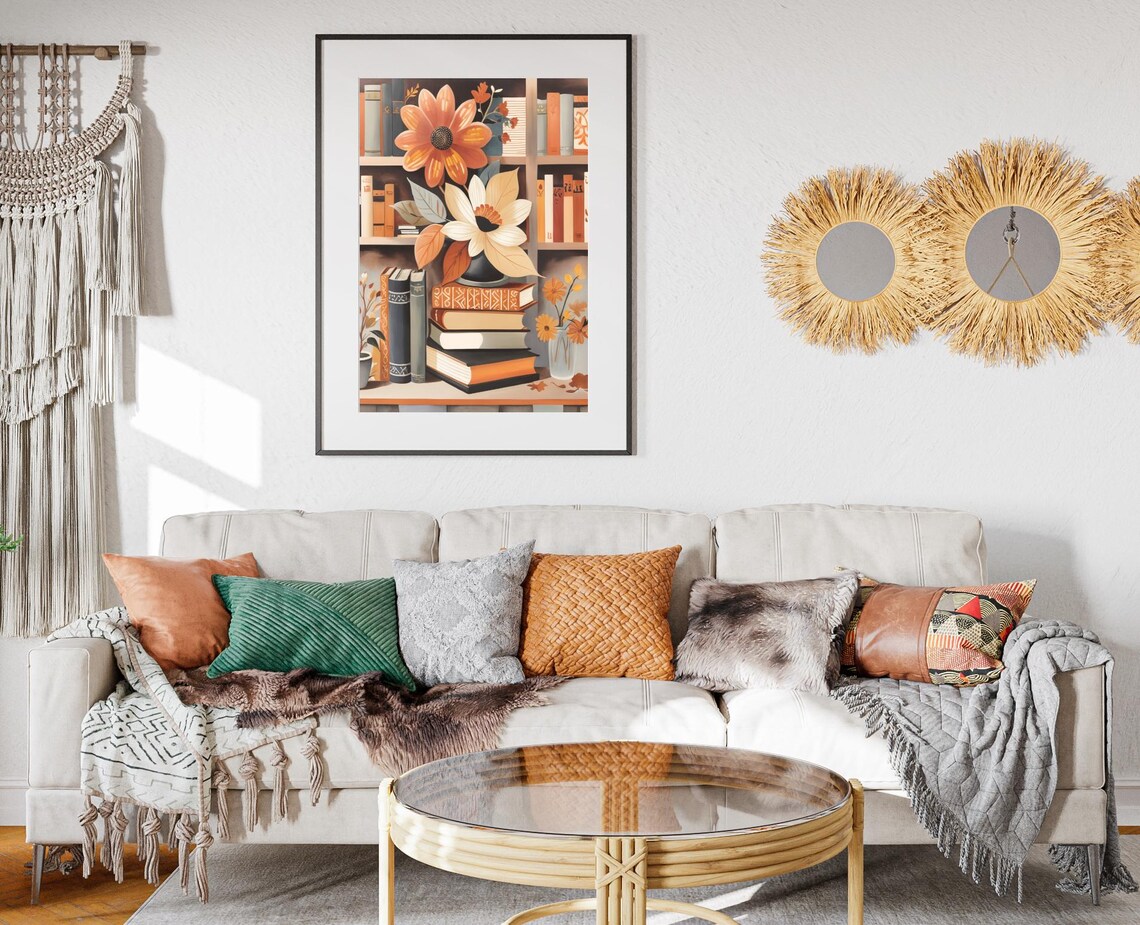 Bookshelf Flowers Vase Autumn Blooms Book Lover Floral Art Poster - Image 2