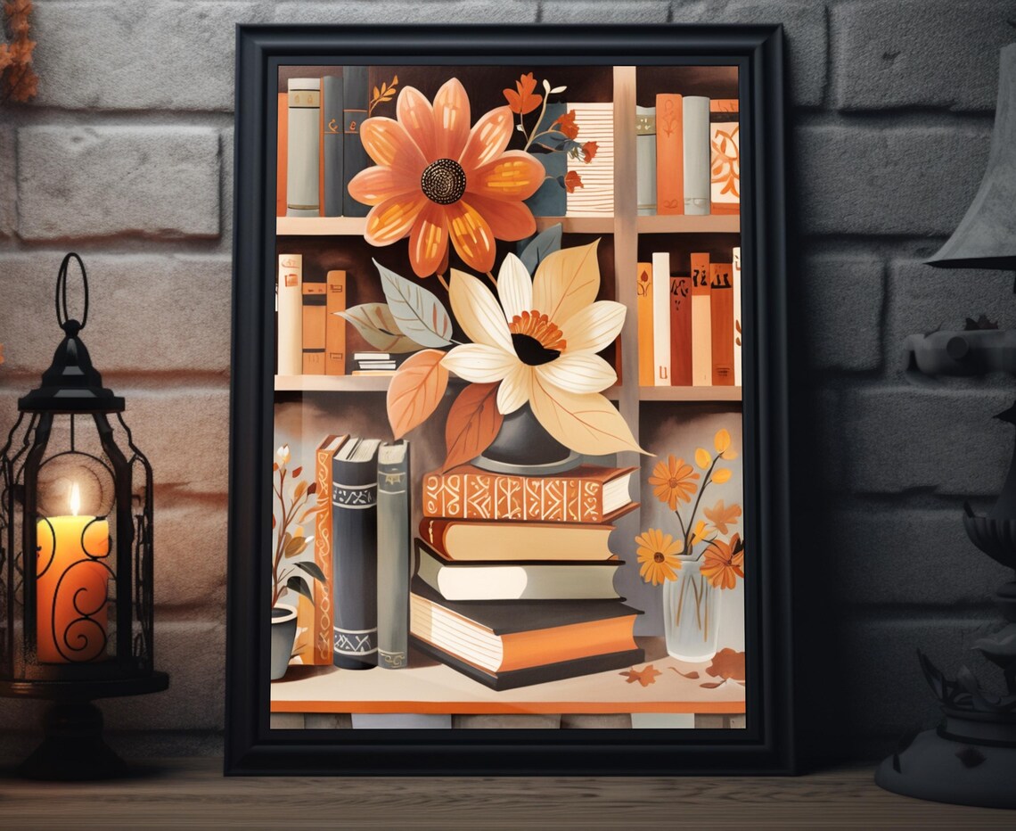 Bookshelf Flowers Vase Autumn Blooms Book Lover Floral Art Poster
