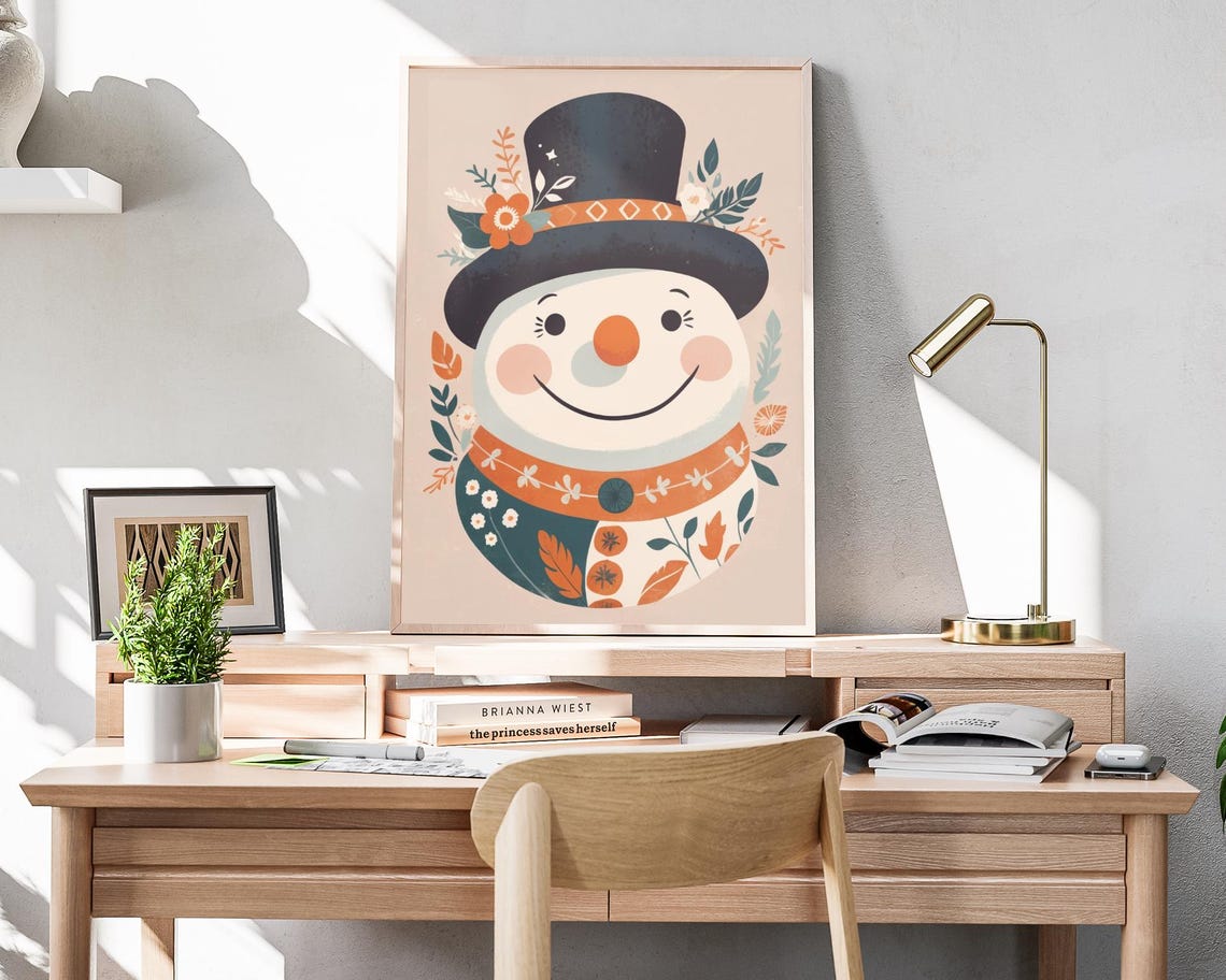Boho Snowman Top Hat Patterned Scarf Smiling Winter Holiday Poster - Image 4