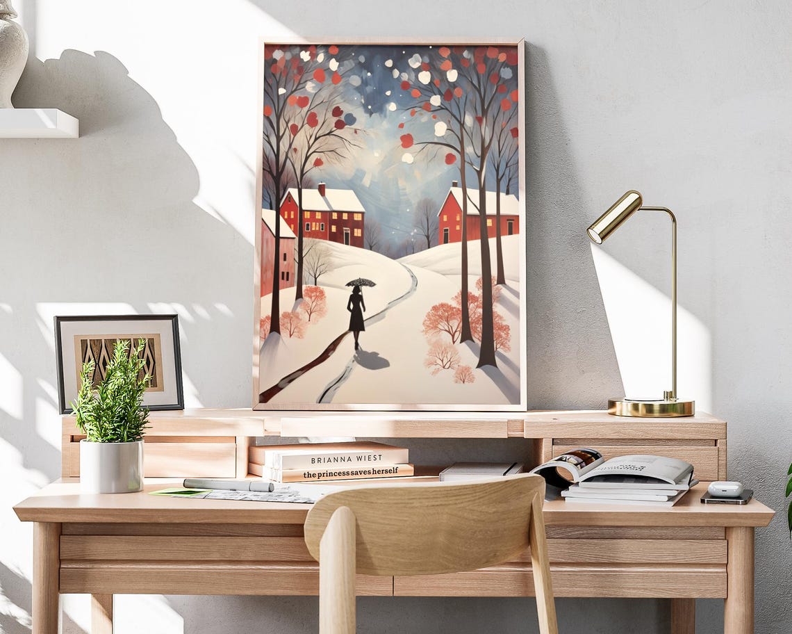 Winter Countryside Woman Umbrella Snowy Path Red Barns Folk Art Poster - Image 4