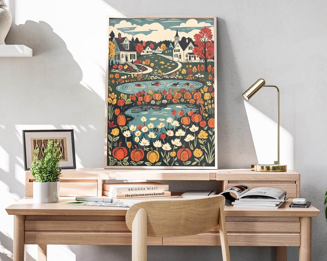Autumn Pond With Ducks Pumpkins And Wildflowers Village Folk Art Poster - Image 4