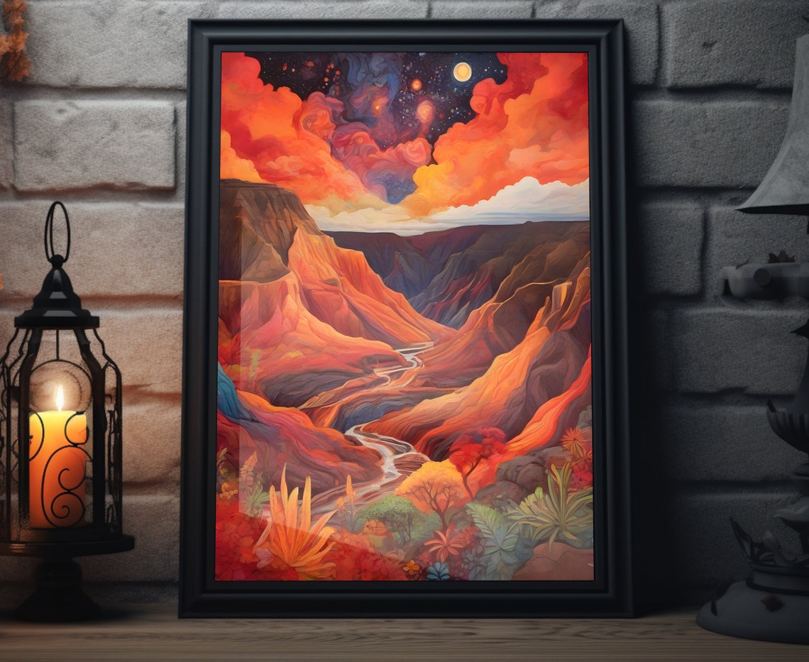 Hawaii Red Canyon Sunset River Valley Fiery Sky Desert View Art Poster