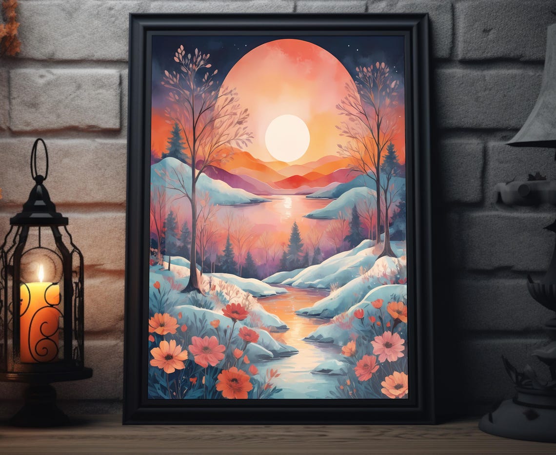 Winter Sunset Pink Mountains Snowy Lake Orange Flowers Poster