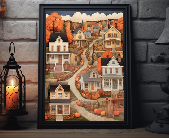 Autumn Village On Hill With Pumpkins And Orange Trees Fall Wall Art Poster
