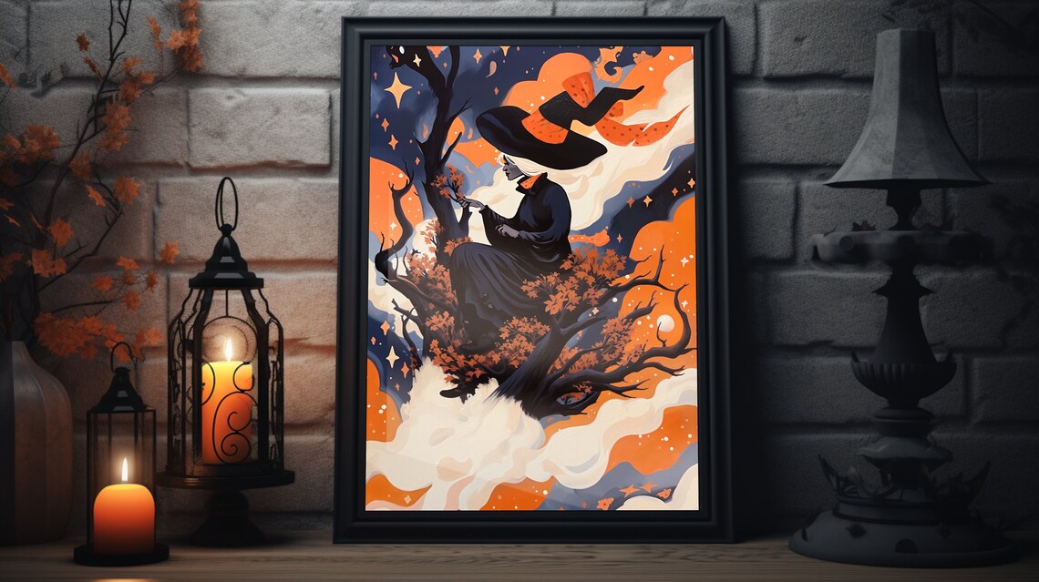 Witch Silhouette In Orange Moonlit Tree With Stars Spooky Halloween Poster