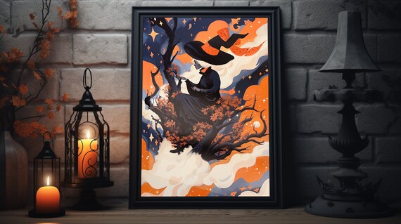 Witch Silhouette In Orange Moonlit Tree With Stars Spooky Halloween Poster