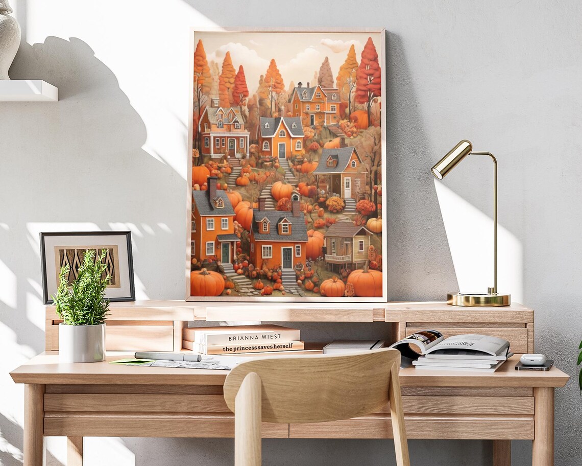 Autumn Town Hillside Cottages Giant Pumpkins Harvest Village Poster - Image 4