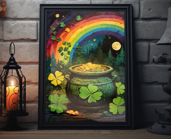 St Patricks Day Pot Of Gold Shamrock Rainbow Night Forest Folk Art Poster