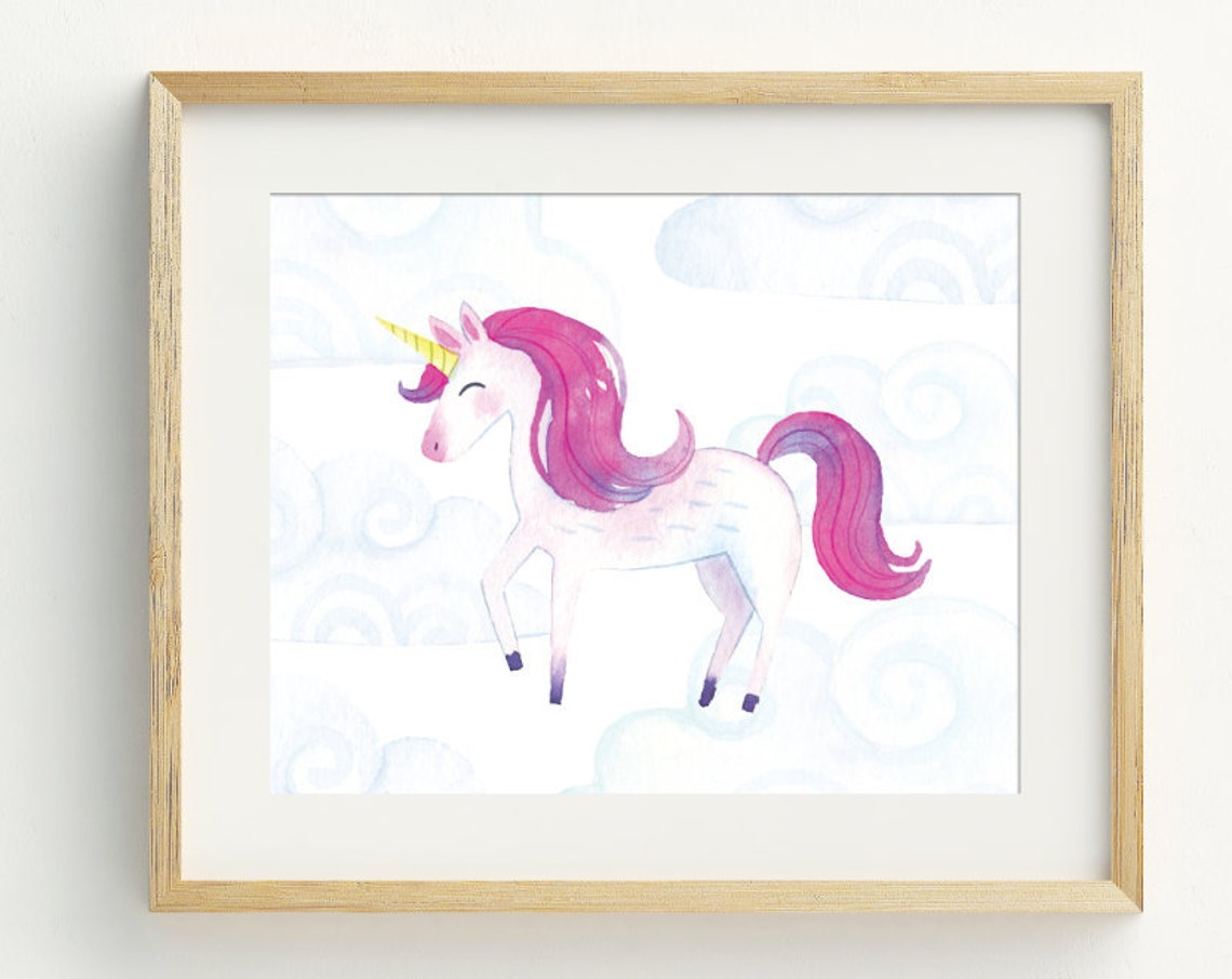Pink Mane Unicorn Watercolor Clouds Magical Nursery Wall Art Print