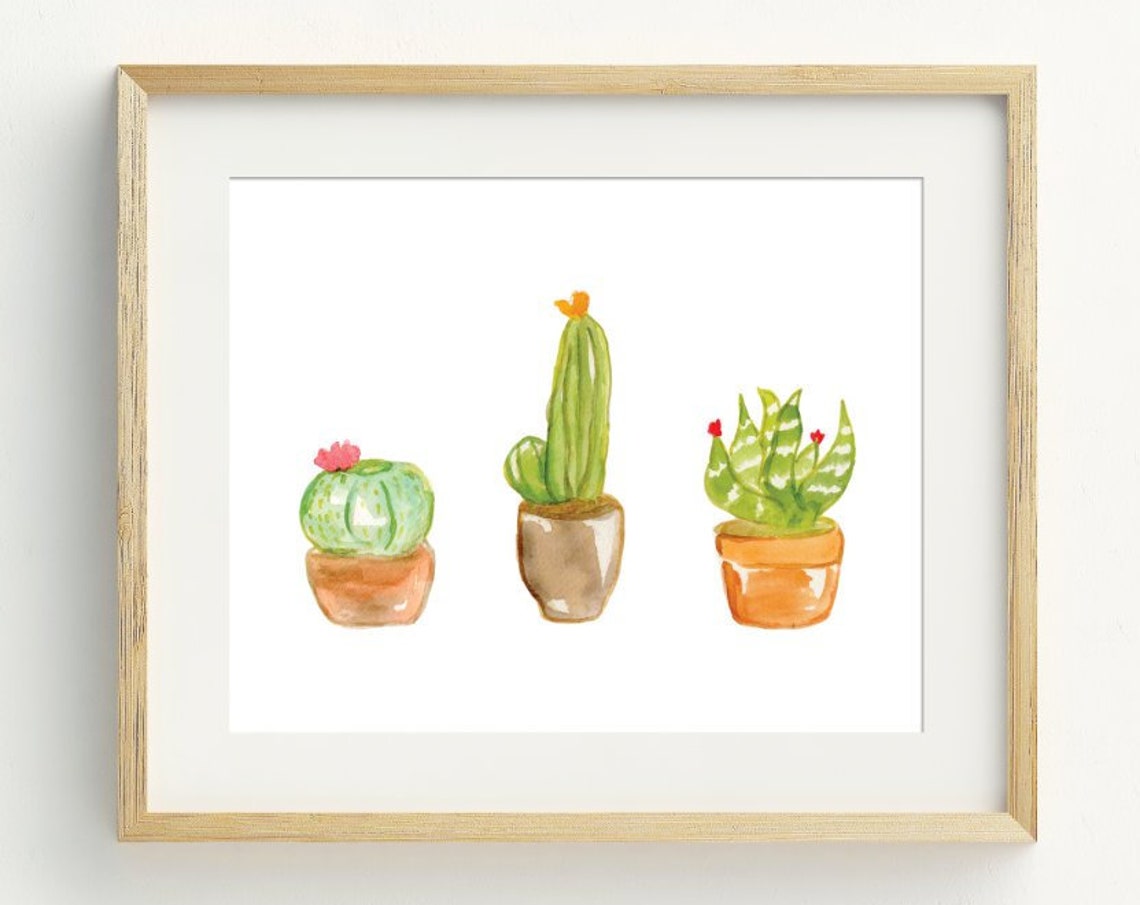 Three Potted Cacti Watercolor Succulent Plants Terracotta Pot Poster