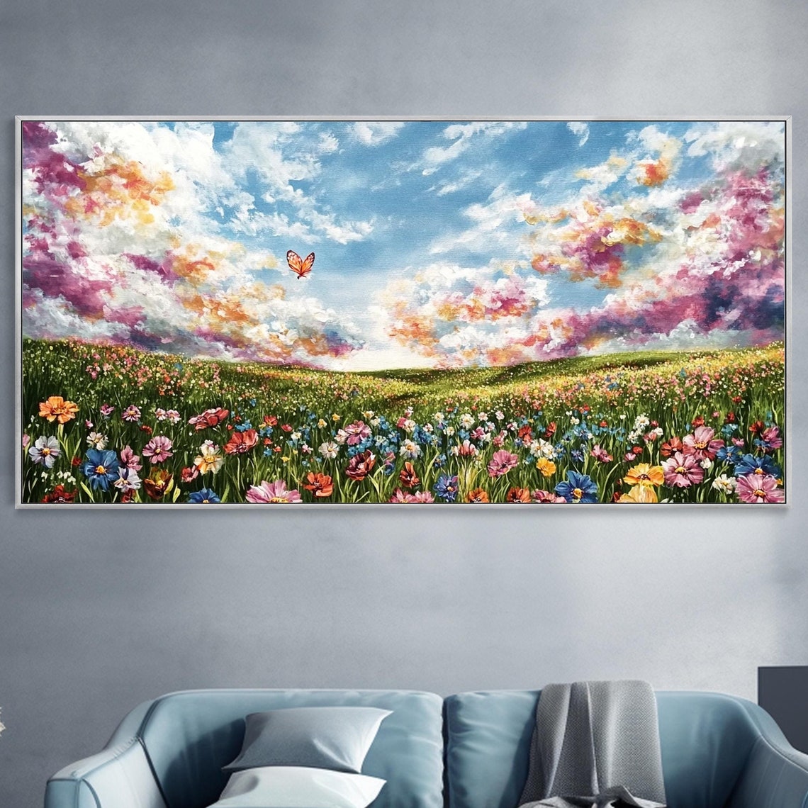 Spring Wildflower Meadow Butterfly Sunset Clouds Nature Art Poster