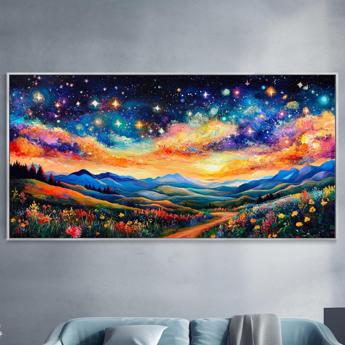 Starry Night Sky Valley Meadow 3D Textured Mountain Landscape Poster