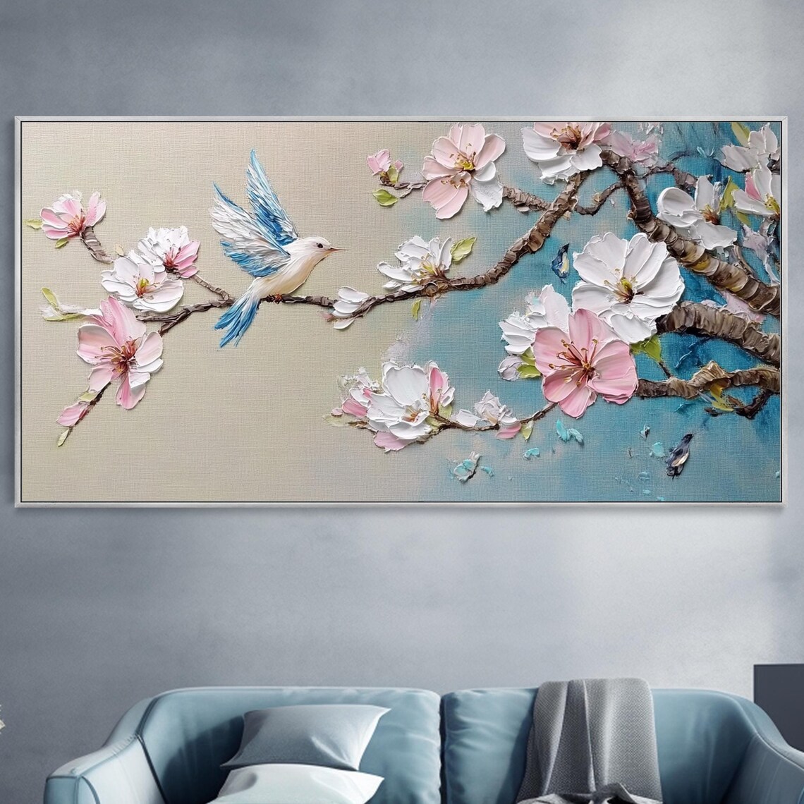 Bluebird on Cherry Blossom Branch 3D Textured Spring Art Poster