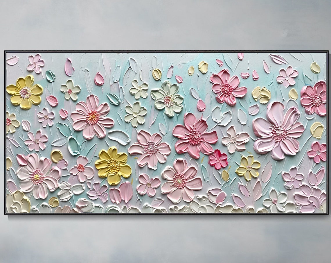 Pastel Pink Yellow Flowers Mint Meadow 3D Texture Oil Poster