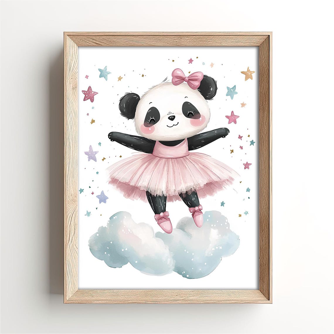 Panda Ballerina in Pink Tutu Dancing on Clouds and Stars Poster