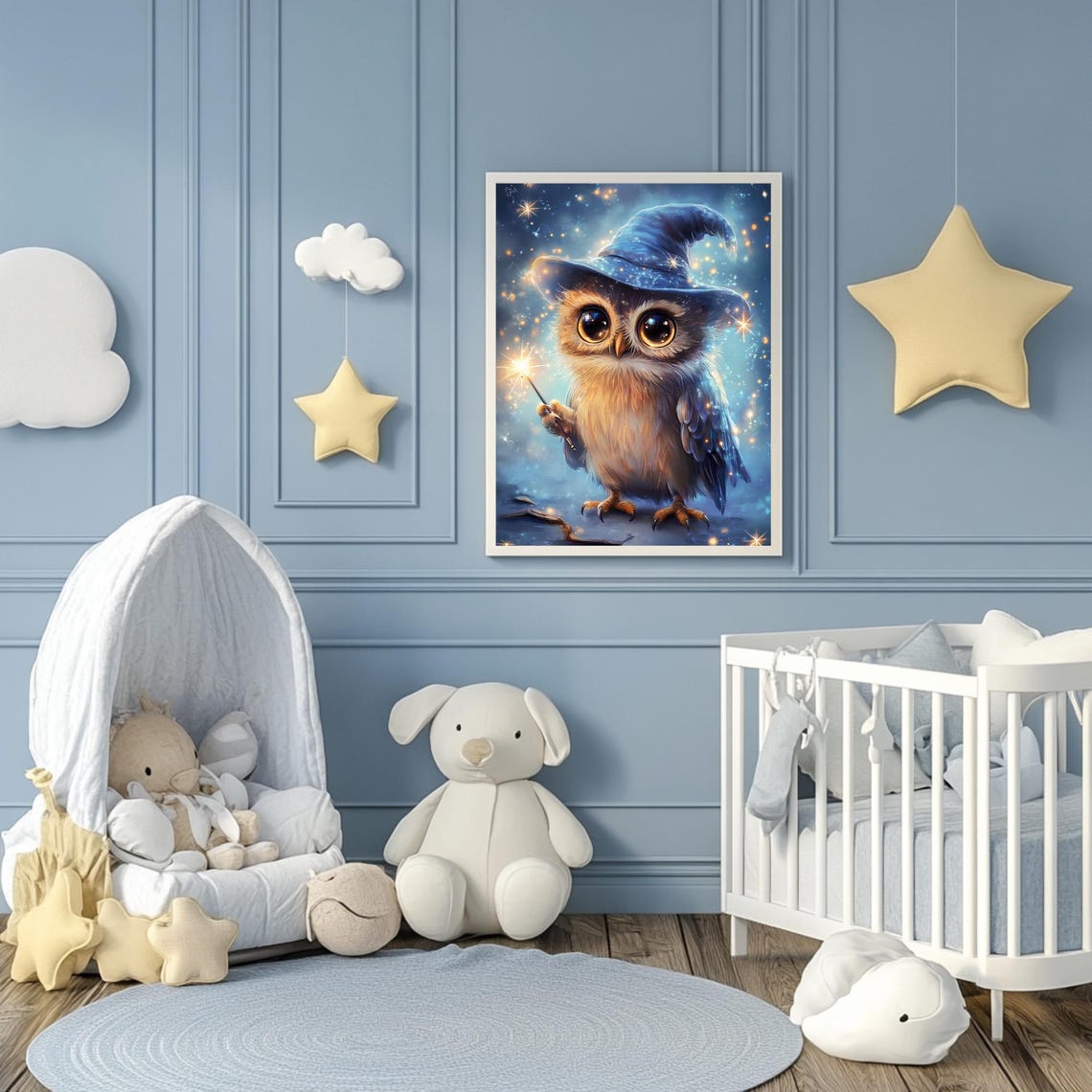 Cute Baby Owl Wizard Blue Hat Sparkling Wand Starry Night Poster - Image 3