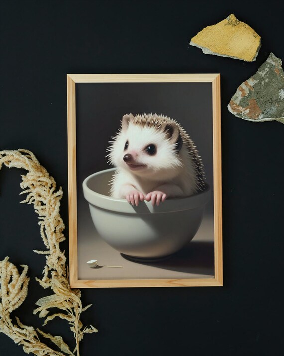 Baby Hedgehog Peeking Out Of Bowl Cute Spiky Pet Nursery Wall Art Poster