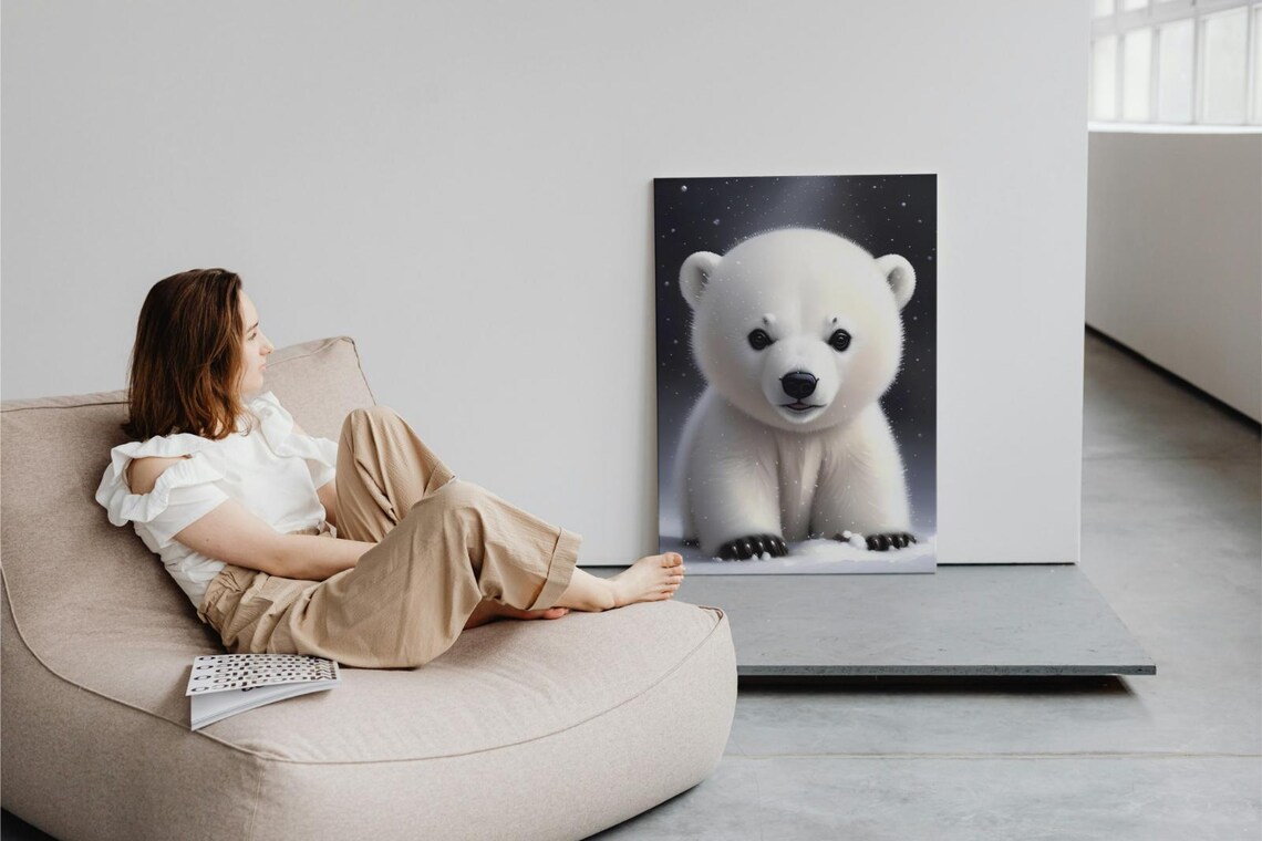 Baby Polar Bear Cub Snow Night Stars Fluffy Arctic Nursery Wall Poster - Image 3