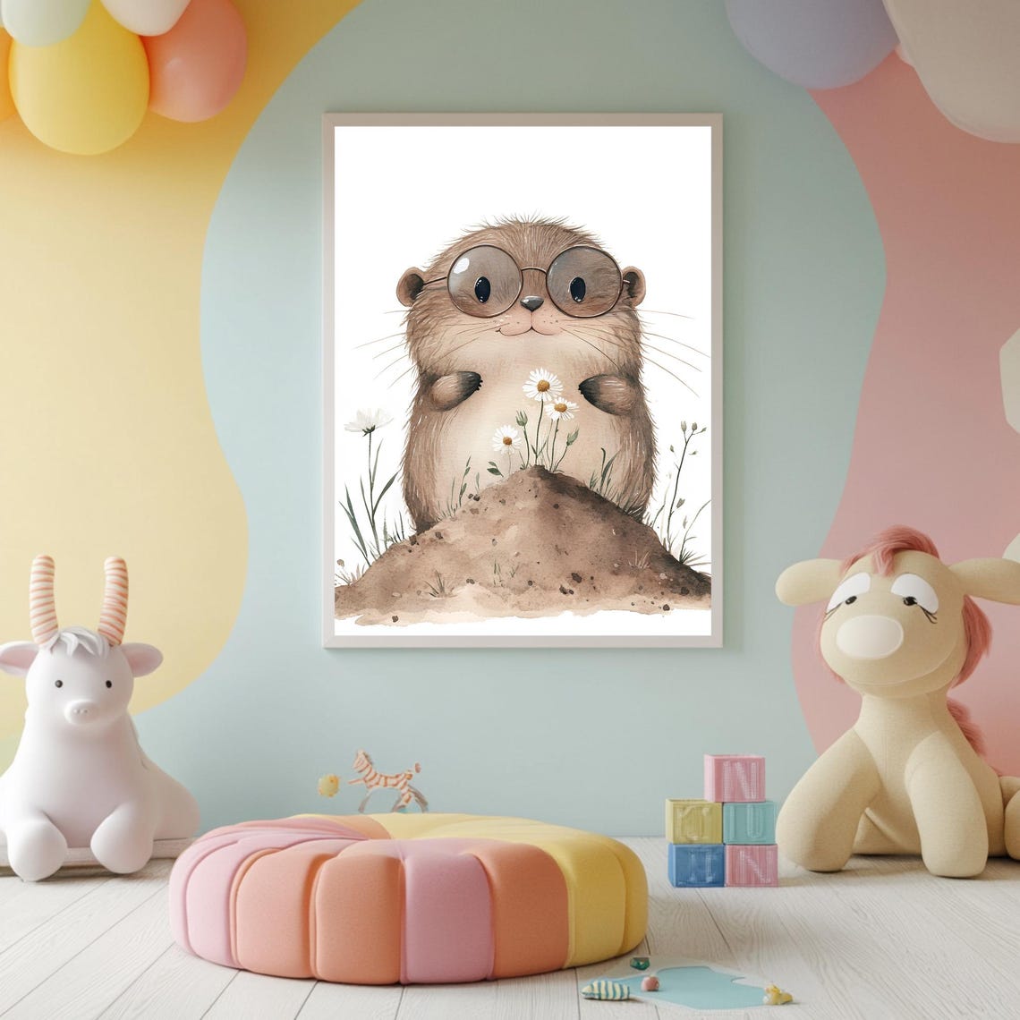Baby Mole Wearing Round Glasses With Daisies and Mound Poster - Image 2