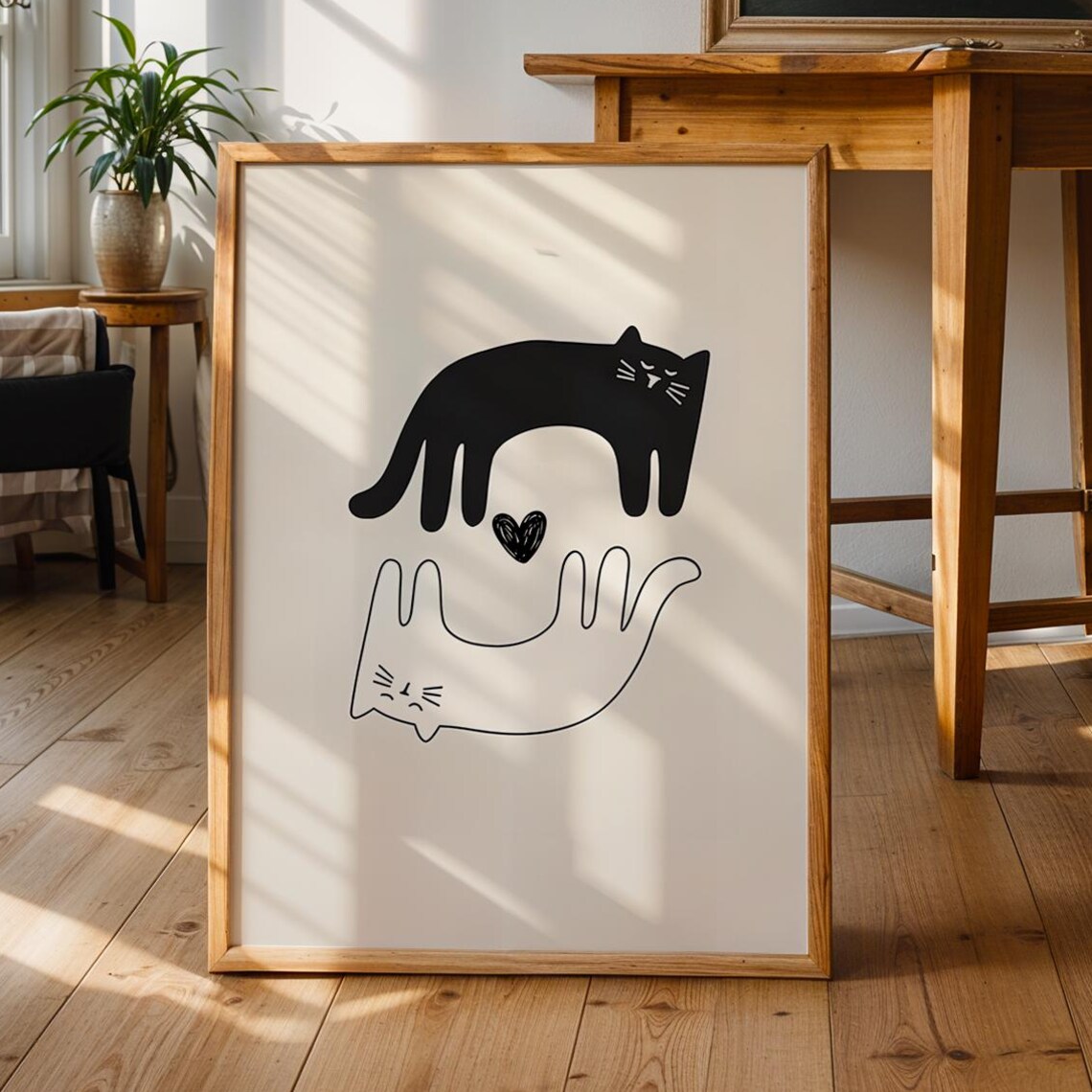 Yin And Yang Black And White Cats With Heart Minimal Art Poster