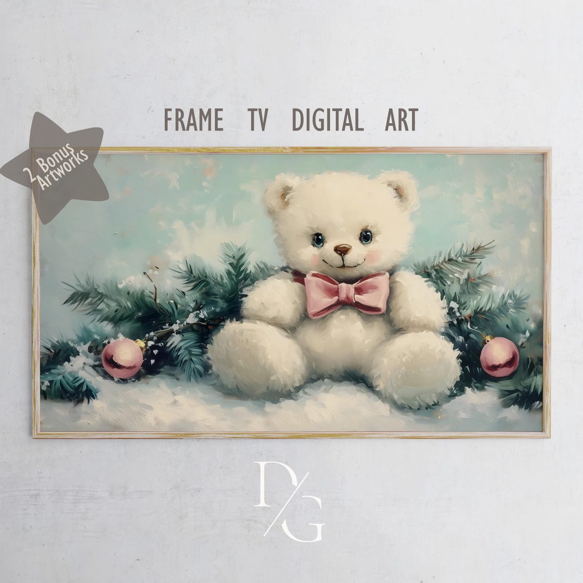 Cute White Teddy Bear with Pink Bow in the Snow Holiday Poster
