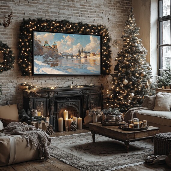 Winter Glow Over Pragues Charles Bridge Snowy Vltava River Frame TV Poster