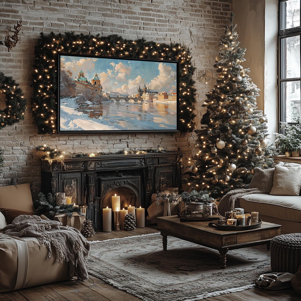 Winter Glow Over Pragues Charles Bridge Snowy Vltava River Frame TV Poster