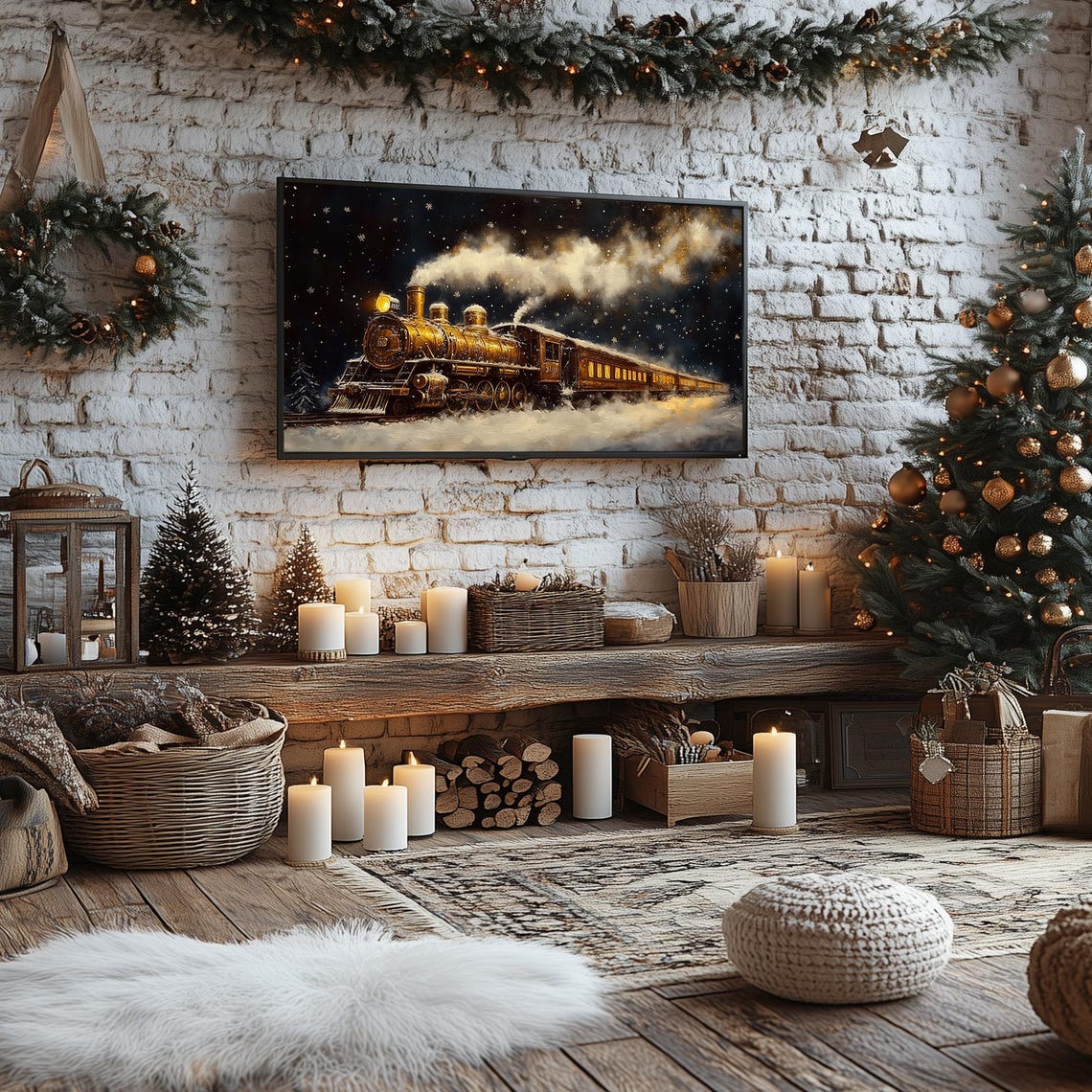 Golden Steam Train Christmas Night Snowy Winter Scene Frame TV Poster - Image 2