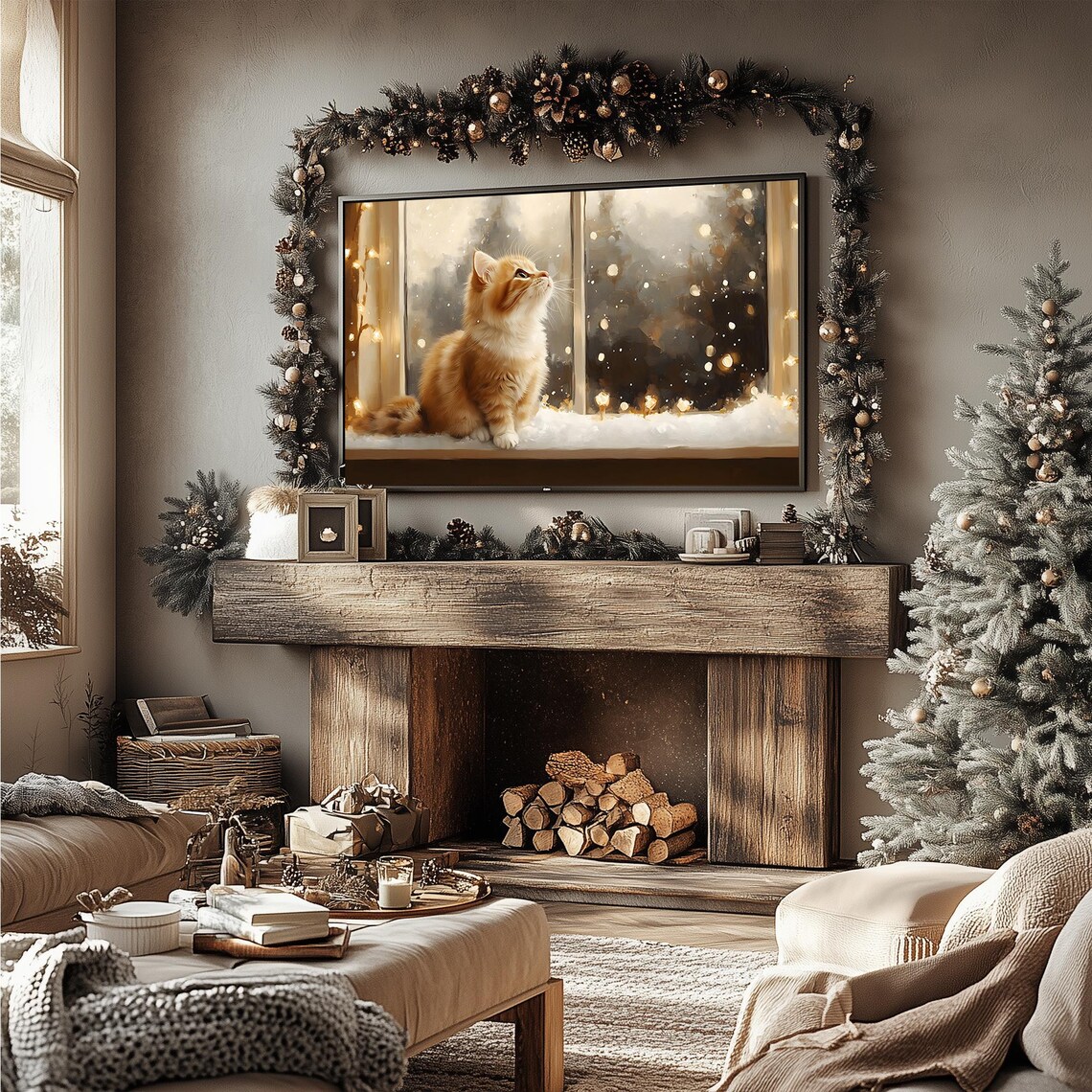 Kittens Curious Gaze Orange Tabby Snowy Windowsill Fairy Lights Frame TV Poster - Image 3
