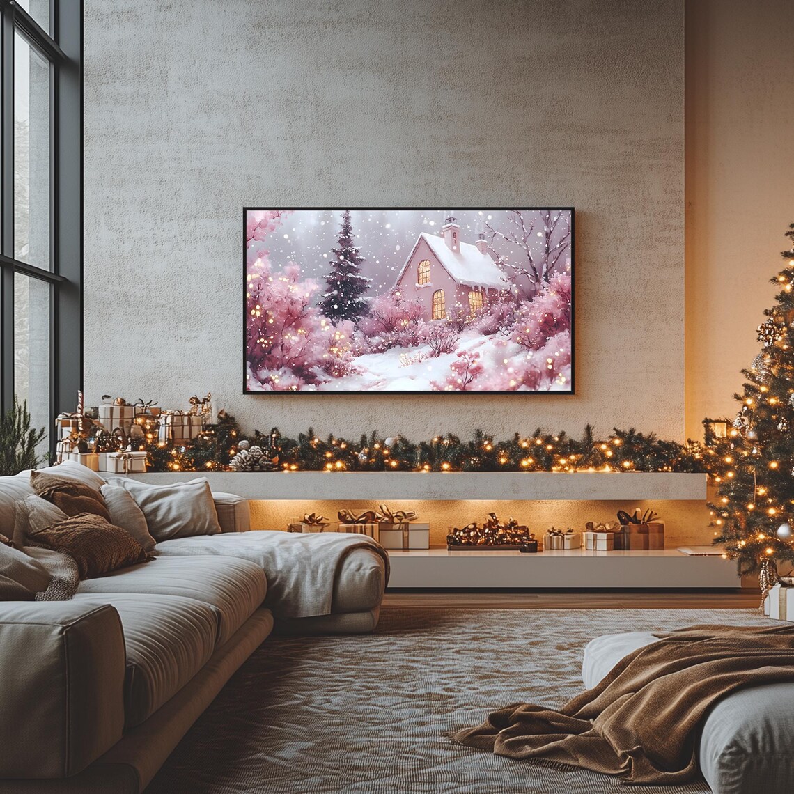 Enchanted Winter Cottage Pink Blossom Trees Snowy Night Frame TV Poster - Image 3
