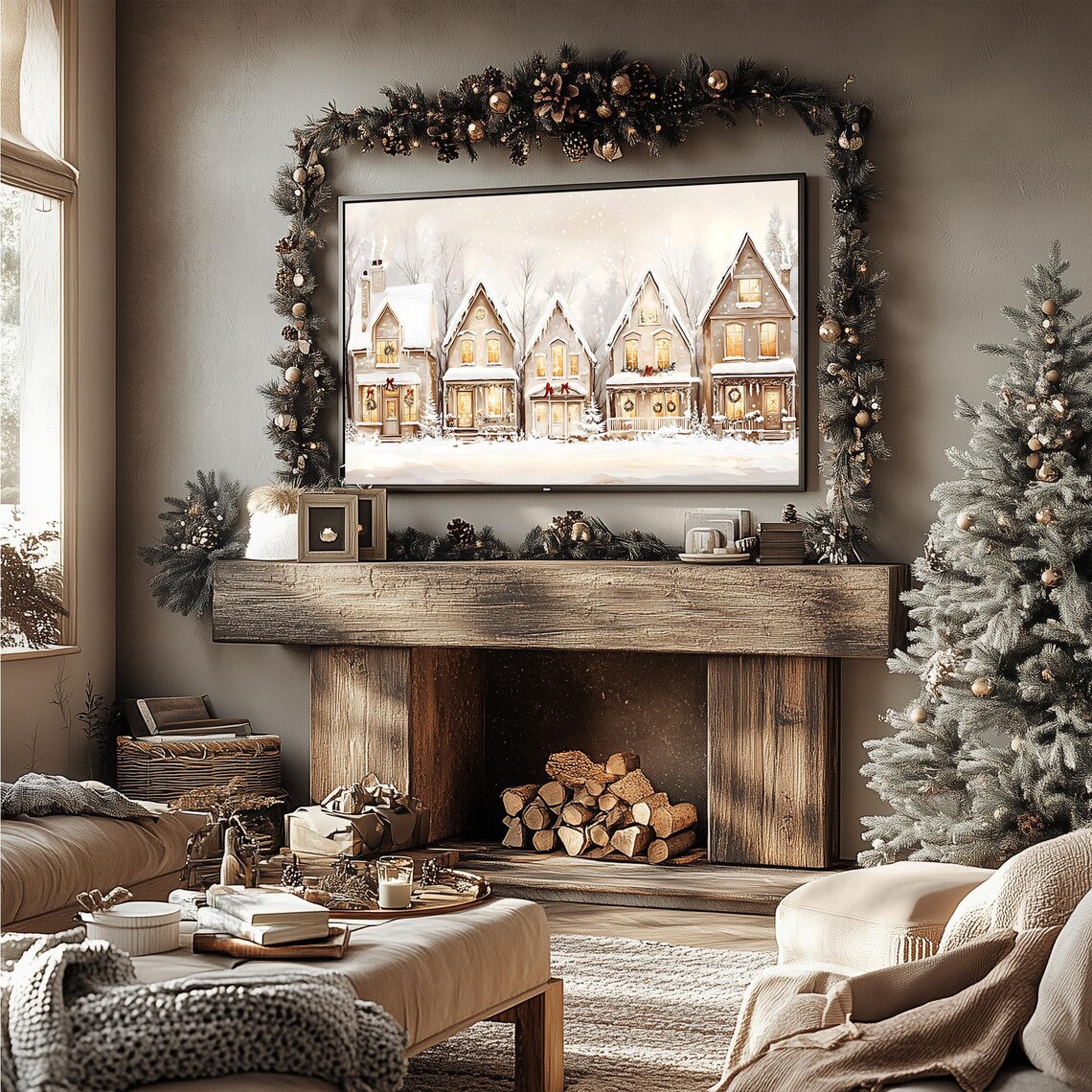 Holiday Hearth Row Snowy Christmas Cottages Glowing Windows Frame TV Poster - Image 3