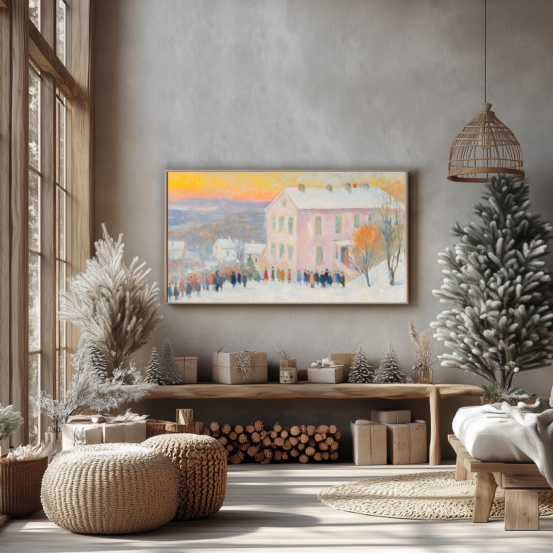 Pastel Winter Gathering Pink House Snowy Dusk Impressionist Frame TV Poster - Image 4