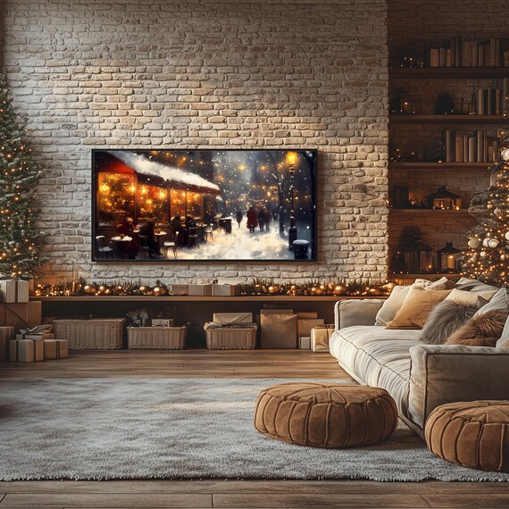 Cozy Cafe in Winters Embrace Snowy Night Street Warm Lights Frame TV Poster