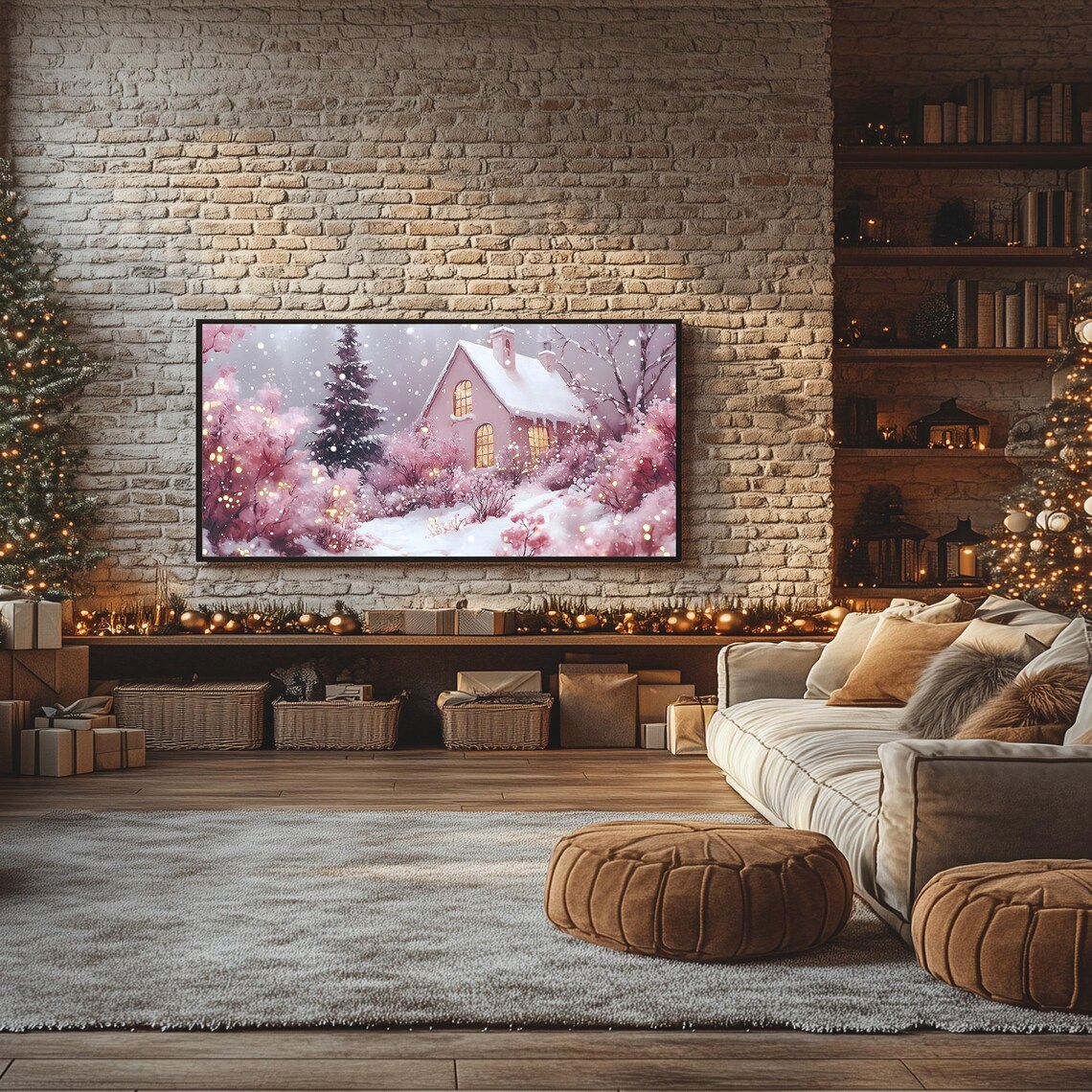 Enchanted Winter Cottage Pink Blossom Trees Snowy Night Frame TV Poster