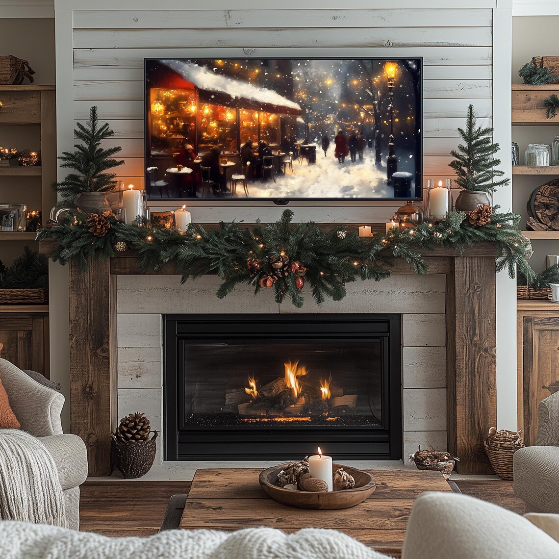 Cozy Cafe in Winters Embrace Snowy Night Street Warm Lights Frame TV Poster - Image 3