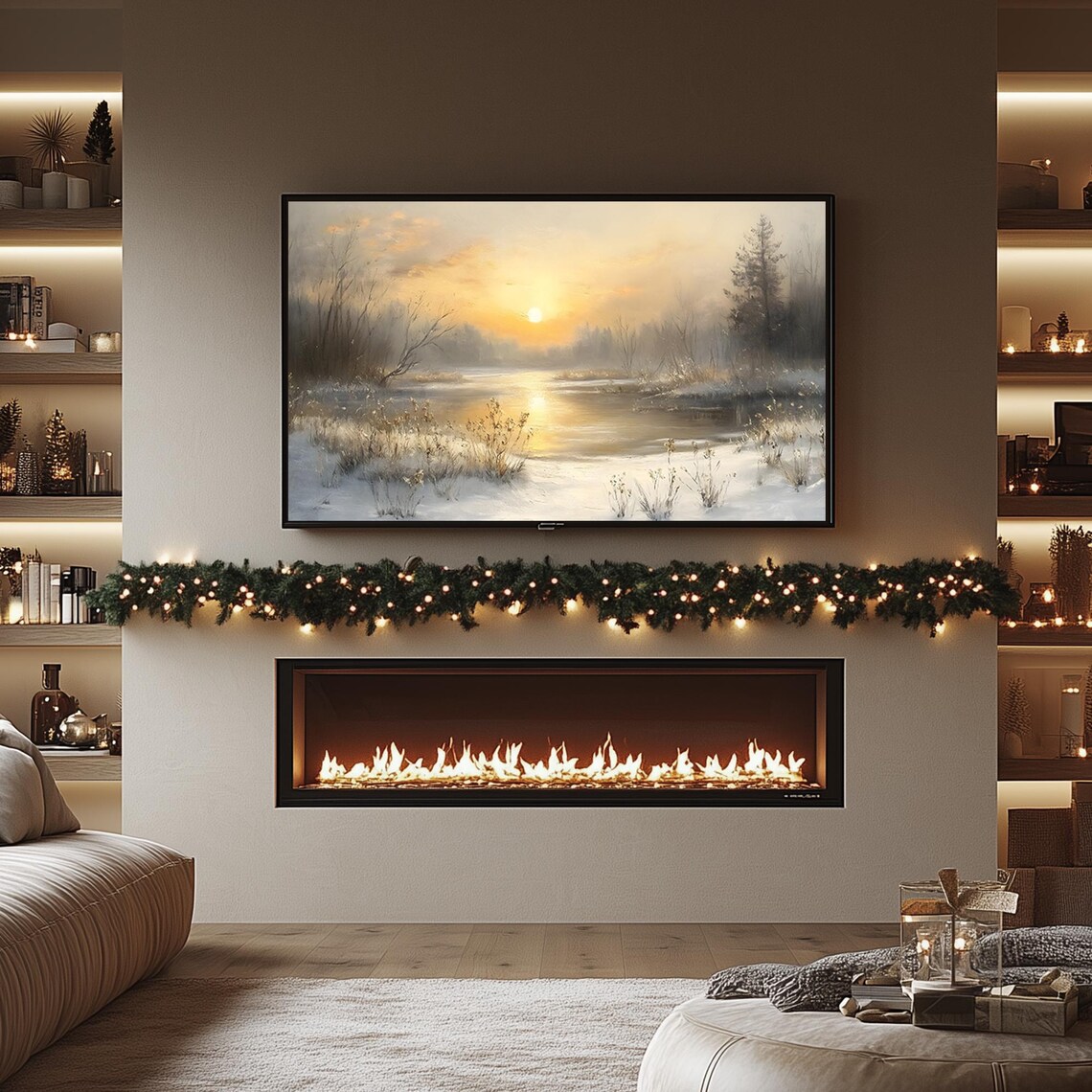 Winter Sunrise Over Misty Snowy River Golden Light Landscape Frame TV Poster - Image 2