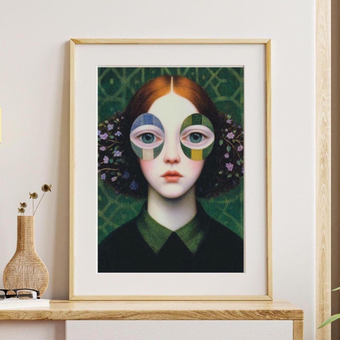 Red Hair Woman with Plaid Glasses among Flowers Surreal Portrait Poster