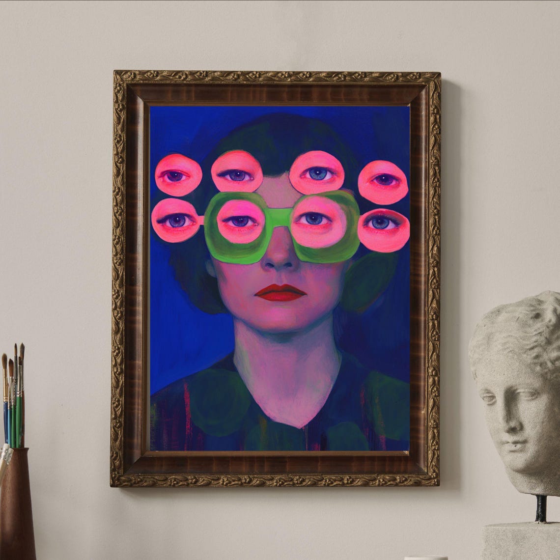 Neon Pink Floating Eyes Portrait Blue Surreal Pop Art Poster