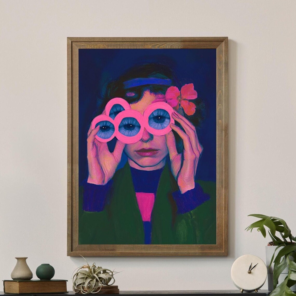 Woman Holding Pink Bubble Glasses Neon Surreal Colorful Portrait Poster