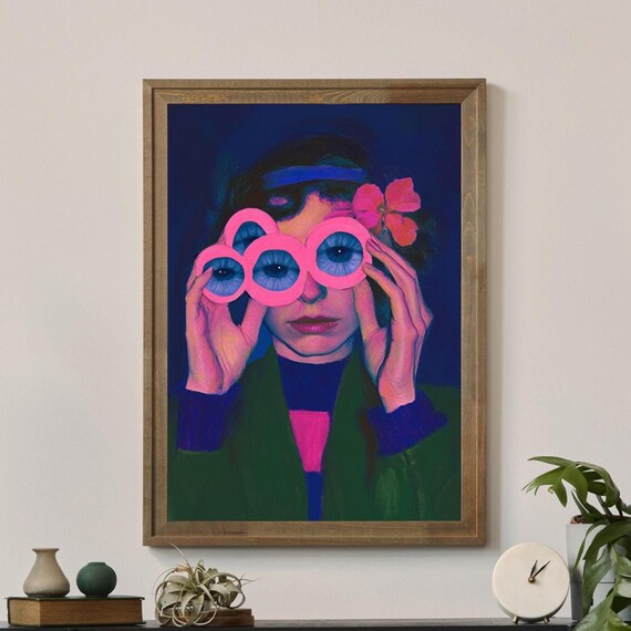 Woman Holding Pink Bubble Glasses Neon Surreal Colorful Portrait Poster
