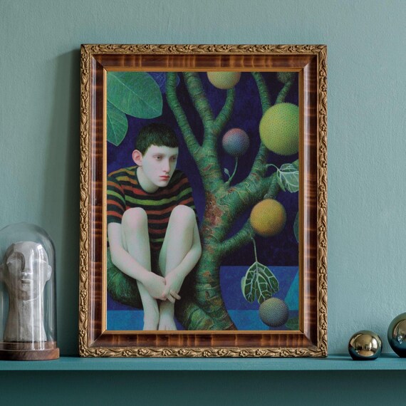 Boy Under Dreamlike Fruit Tree Night Garden Whimsical Art Poster