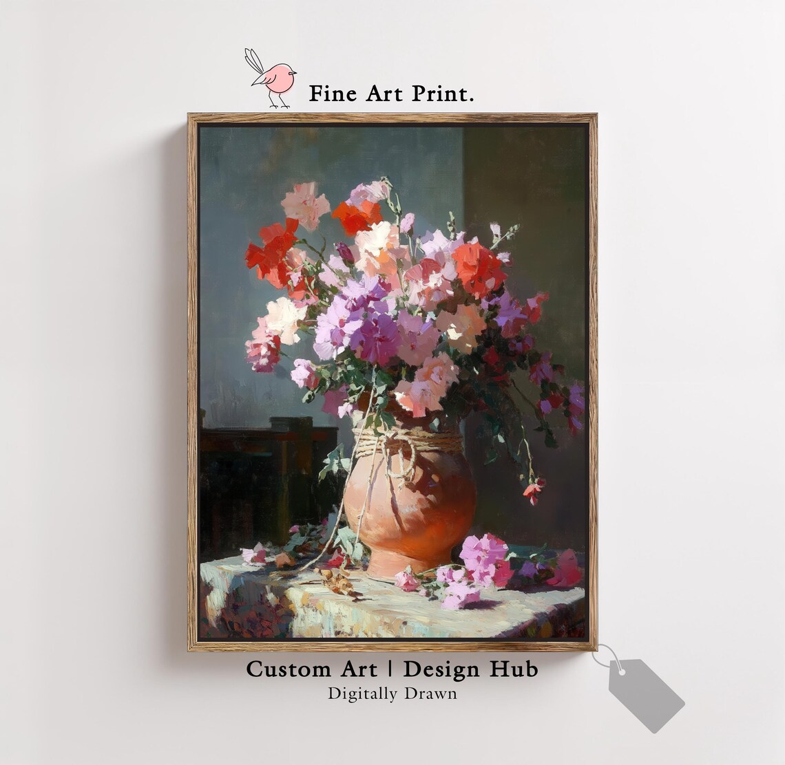 Peony Bouquet Terracotta Vase Sunlit Vintage Oil Painting Still Life Poster