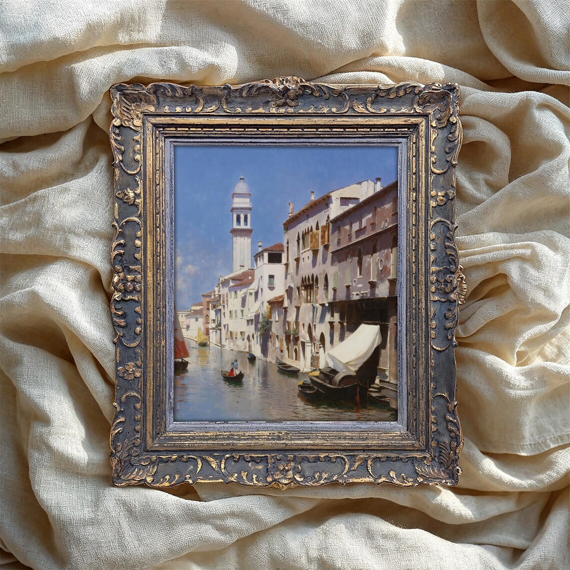 Venice Canal Bell Tower Boats And Palaces Vintage Painting Poster