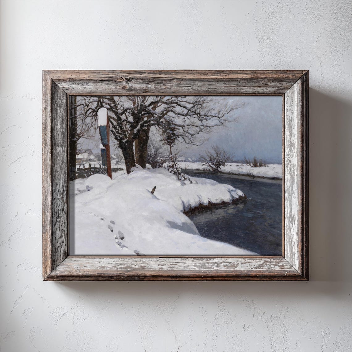 Snowy River Bank Winter Landscape Vintage Fine Art Painting Print