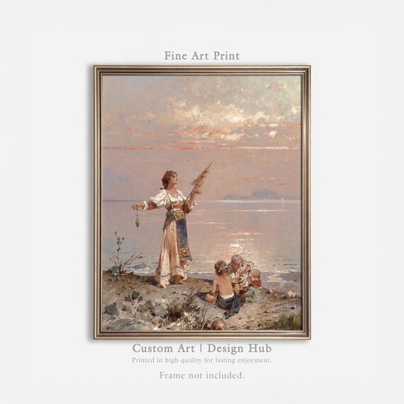 Woman Spinning Wool By The Sea With Children Vintage Painting Poster