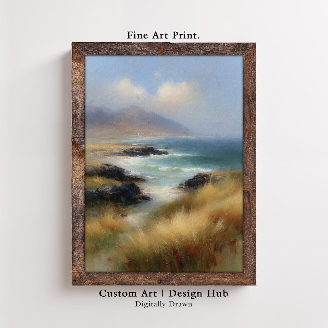 Rocky Coastal Shore Waves Dunes Golden Grass Serene Fine Art Print